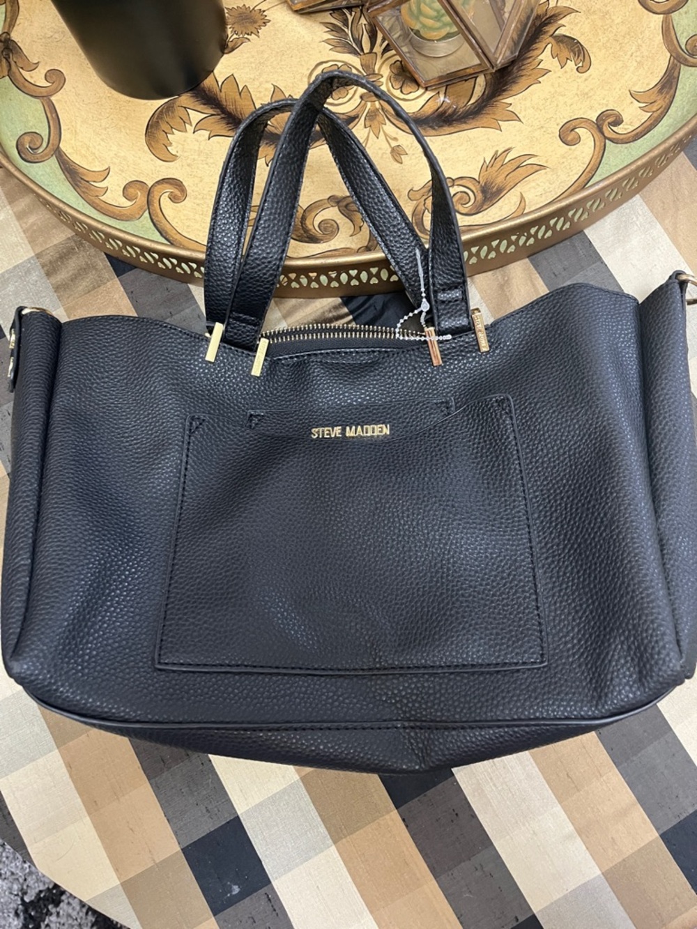 Steve Madden Black Pebbled Tote with Gold Accents